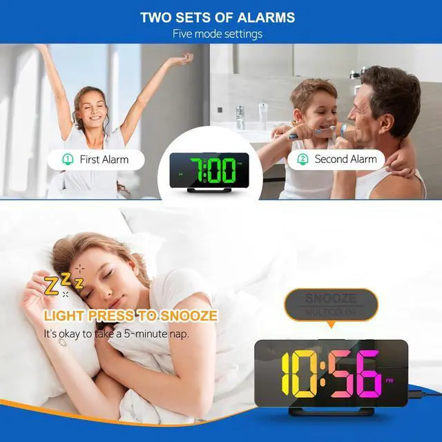 Alt view image 6 of 7 - Digital Alarm Clock, Large LED Digital Clock for Bedrooms with 10 Color Changing Night Light, Adjustable Brightness, USB Charging Port, Bedside and Desk Clock for Living Room Office Decor (Black)