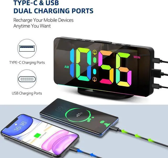 Alt view image 5 of 7 - Digital Alarm Clock, Large LED Digital Clock for Bedrooms with 10 Color Changing Night Light, Adjustable Brightness, USB Charging Port, Bedside and Desk Clock for Living Room Office Decor (Black)