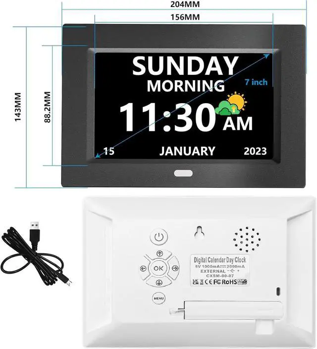 Alt view image 2 of 7 - 7 Inch Clock with Day and Date for Elderly Large Display Digital Clocks 12 Alarms 3 Display Modes Large Font Alzheimer's Clock Alarm Clocks for Seniors Auto DST Black