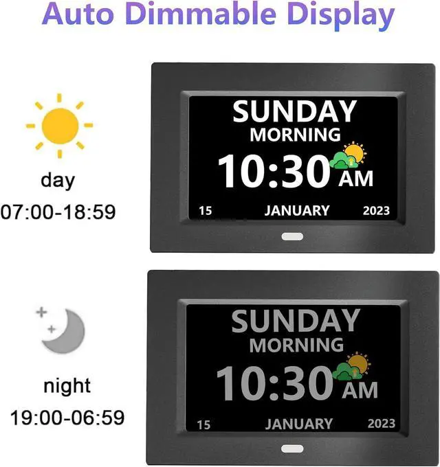 Alt view image 7 of 7 - 7 Inch Clock with Day and Date for Elderly Large Display Digital Clocks 12 Alarms 3 Display Modes Large Font Alzheimer's Clock Alarm Clocks for Seniors Auto DST Black