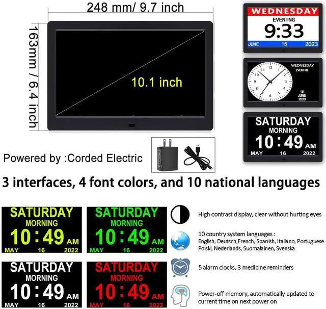 Alt view image 2 of 5 - AINFTIME DST Digital Clock with Date and Day of Week for Elderly-12 Alarms Medication Reminder Dementia Alzheimers Clock Calendar with Extra Large Display (10.1 inch Black)