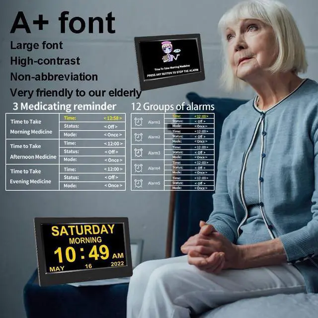 Alt view image 3 of 5 - AINFTIME DST Digital Clock with Date and Day of Week for Elderly-12 Alarms Medication Reminder Dementia Alzheimers Clock Calendar with Extra Large Display (10.1 inch Black)