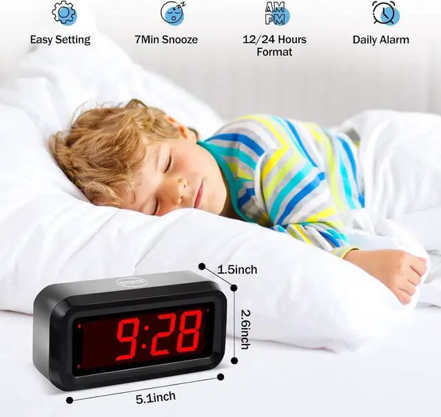 Alt view image 2 of 7 - Digital Alarm Clock Battery Operated with LED Display for Bedrooms, Long Battery Life for 12 Months, 3 Brightness Adjustable, 12/24 Hour, Snooze, Black Case with Red Digits