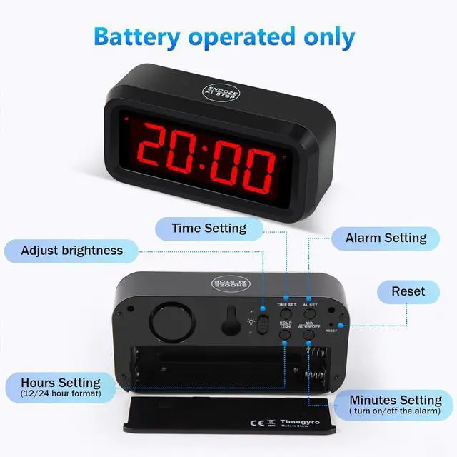 Alt view image 4 of 7 - Digital Alarm Clock Battery Operated with LED Display for Bedrooms, Long Battery Life for 12 Months, 3 Brightness Adjustable, 12/24 Hour, Snooze, Black Case with Red Digits
