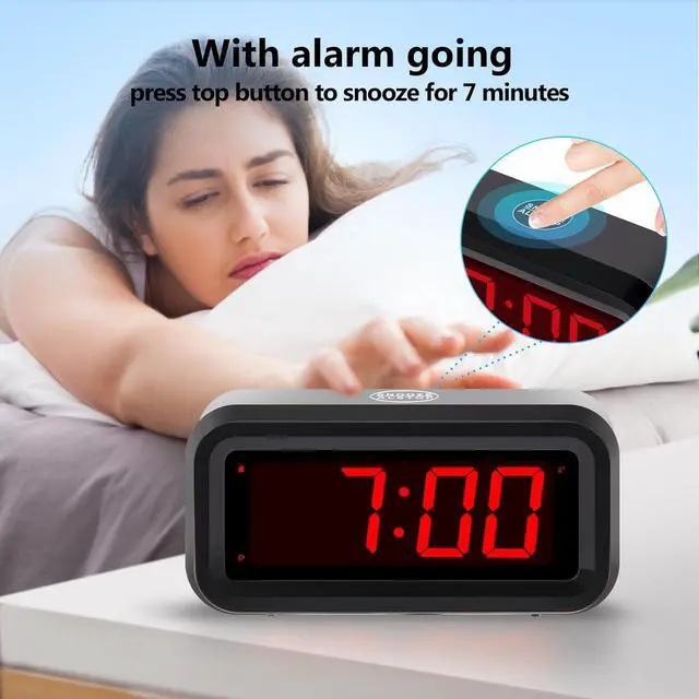 Alt view image 5 of 7 - Digital Alarm Clock Battery Operated with LED Display for Bedrooms, Long Battery Life for 12 Months, 3 Brightness Adjustable, 12/24 Hour, Snooze, Black Case with Red Digits
