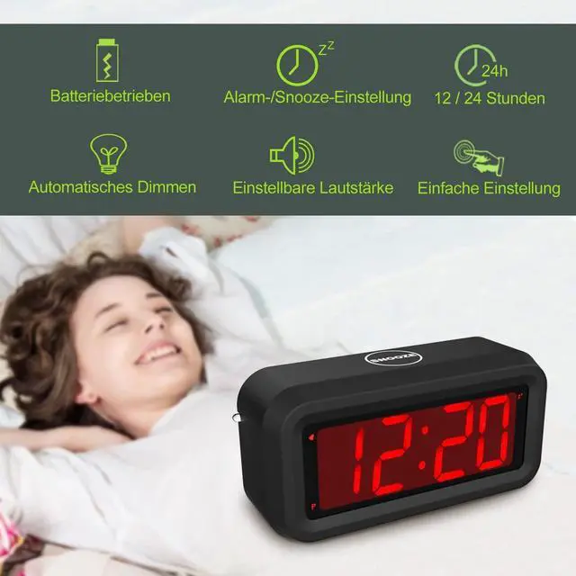 Alt view image 3 of 7 - Digital Alarm Clock, Small Wall Clock, Battery Operated, 1.2" LED Large Display, 2-Level Brightness Dimmer, 12/24Hr, Snooze, 4 PCS AA Batteries Last More Than 1 Year, for Bedroom/Desk