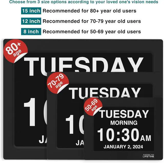 Alt view image 2 of 7 - American LifetimeNew 2025 Dementia Clock Large Digital Clock for Seniors, Alzeimer Clock Large Display with Custom Alarms, Clock with Day & Date for Elderly, Number Digital Calendar Black