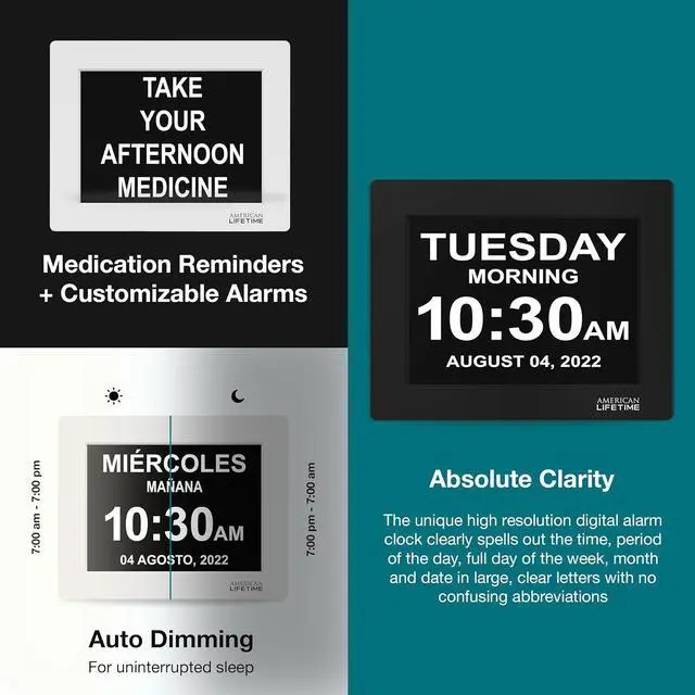 Alt view image 4 of 7 - American LifetimeNew 2025 Dementia Clock Large Digital Clock for Seniors, Alzeimer Clock Large Display with Custom Alarms, Clock with Day & Date for Elderly, Number Digital Calendar Black