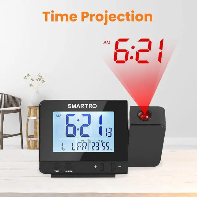 Alt view image 3 of 7 - SMARTRO Digital Projection Alarm Clock for Bedrooms with Indoor Thermometer Hygrometer, USB Charger, Bedside Projector, Travel, AC and Battery Operated