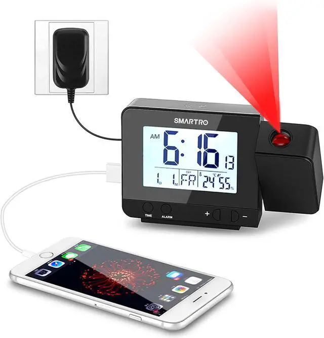 Main image of SMARTRO Digital Projection Alarm Clock for Bedrooms with Indoor Thermometer Hygrometer, USB Charger, Bedside Projector, Travel, AC and Battery Operated