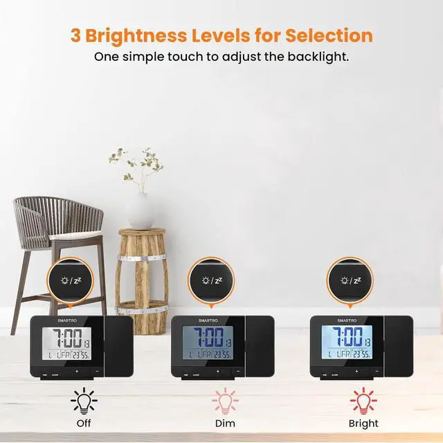 Alt view image 5 of 7 - SMARTRO Digital Projection Alarm Clock for Bedrooms with Indoor Thermometer Hygrometer, USB Charger, Bedside Projector, Travel, AC and Battery Operated