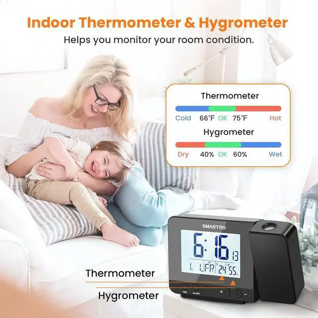 Alt view image 7 of 7 - SMARTRO Digital Projection Alarm Clock for Bedrooms with Indoor Thermometer Hygrometer, USB Charger, Bedside Projector, Travel, AC and Battery Operated