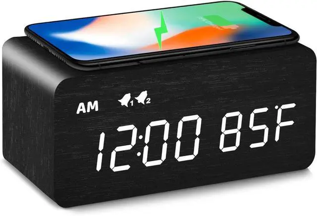 Main image of MOSITO Digital Wooden Alarm Clock with Wireless Charging, 0-100% Dimmer, Dual Alarm, Weekday/Weekend Mode, Snooze, Wood LED Clocks for Bedroom, Bedside, Desk, Kids (Black)