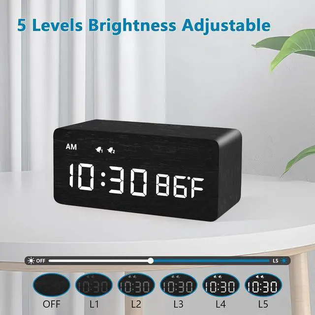 Alt view image 2 of 7 - MOSITO Digital Wooden Alarm Clock with Wireless Charging, 0-100% Dimmer, Dual Alarm, Weekday/Weekend Mode, Snooze, Wood LED Clocks for Bedroom, Bedside, Desk, Kids (Black)
