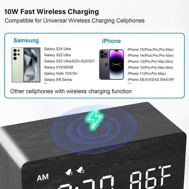 Alt view image 3 of 7 - MOSITO Digital Wooden Alarm Clock with Wireless Charging, 0-100% Dimmer, Dual Alarm, Weekday/Weekend Mode, Snooze, Wood LED Clocks for Bedroom, Bedside, Desk, Kids (Black)