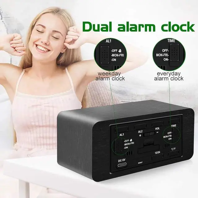 Alt view image 4 of 7 - MOSITO Digital Wooden Alarm Clock with Wireless Charging, 0-100% Dimmer, Dual Alarm, Weekday/Weekend Mode, Snooze, Wood LED Clocks for Bedroom, Bedside, Desk, Kids (Black)