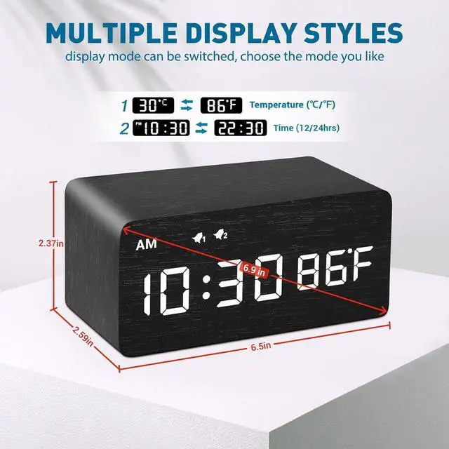 Alt view image 5 of 7 - MOSITO Digital Wooden Alarm Clock with Wireless Charging, 0-100% Dimmer, Dual Alarm, Weekday/Weekend Mode, Snooze, Wood LED Clocks for Bedroom, Bedside, Desk, Kids (Black)