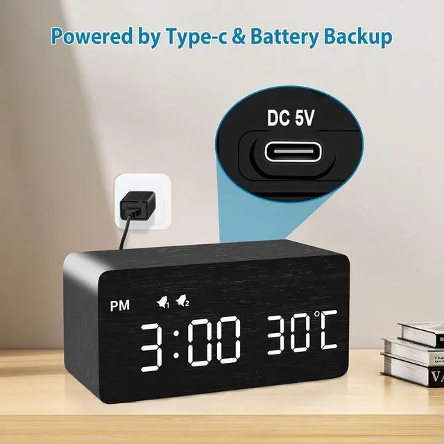 Alt view image 6 of 7 - MOSITO Digital Wooden Alarm Clock with Wireless Charging, 0-100% Dimmer, Dual Alarm, Weekday/Weekend Mode, Snooze, Wood LED Clocks for Bedroom, Bedside, Desk, Kids (Black)