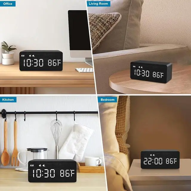 Alt view image 7 of 7 - MOSITO Digital Wooden Alarm Clock with Wireless Charging, 0-100% Dimmer, Dual Alarm, Weekday/Weekend Mode, Snooze, Wood LED Clocks for Bedroom, Bedside, Desk, Kids (Black)