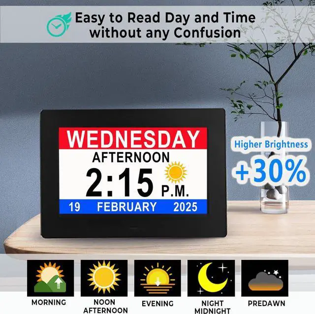 Alt view image 2 of 6 - [New Version] 7 Inch Day Clock - 19 Alarms,20 Custom Reminder, Remote Control, Level 10 Auto Dimmable Display Calendar Clock, Non-Abbreviated Day Date Alarm Clock for Impaired Vision Dementia Seniors