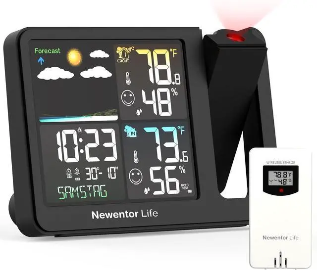 Main image of Projection Alarm Clock, Projection Clock for Bedroom Ceiling, Projector Clock with Weather Station, Indoor Outdoor Temperature Humidity Monitor, Forecast, Adjustable Backlight, Black,No Atomic