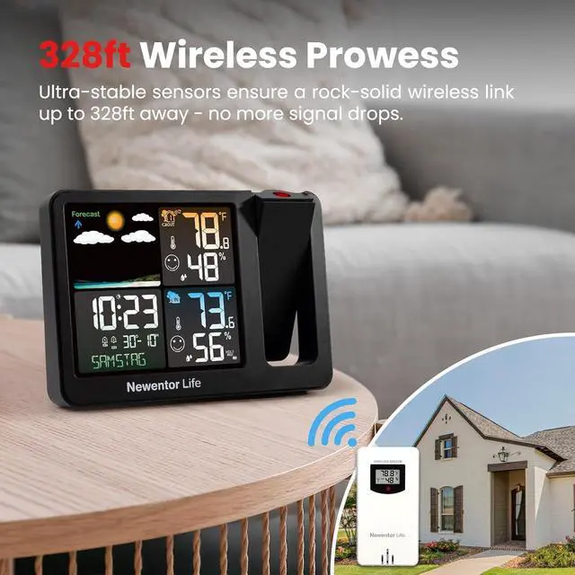 Alt view image 4 of 7 - Projection Alarm Clock, Projection Clock for Bedroom Ceiling, Projector Clock with Weather Station, Indoor Outdoor Temperature Humidity Monitor, Forecast, Adjustable Backlight, Black,No Atomic