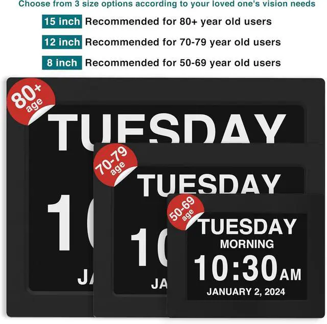 Alt view image 2 of 6 - American Lifetime Large Digital Clock for Seniors, Black, 8 inch, with Day & Date, Customizable Alarms, Auto-Dimming, Multi-Language Support, Battery Backup, Easy Setup, and Gift Option