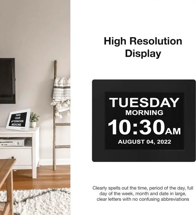 Alt view image 3 of 6 - American Lifetime Large Digital Clock for Seniors, Black, 8 inch, with Day & Date, Customizable Alarms, Auto-Dimming, Multi-Language Support, Battery Backup, Easy Setup, and Gift Option