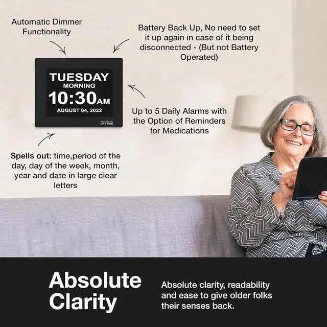 Alt view image 5 of 6 - American Lifetime Large Digital Clock for Seniors, Black, 8 inch, with Day & Date, Customizable Alarms, Auto-Dimming, Multi-Language Support, Battery Backup, Easy Setup, and Gift Option