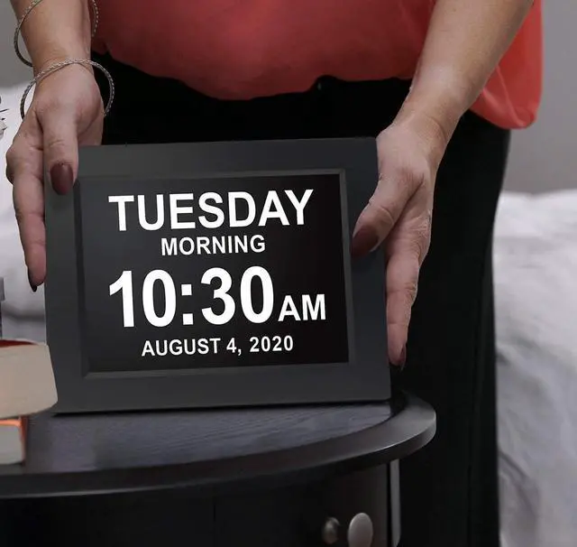 Alt view image 6 of 6 - American Lifetime Large Digital Clock for Seniors, Black, 8 inch, with Day & Date, Customizable Alarms, Auto-Dimming, Multi-Language Support, Battery Backup, Easy Setup, and Gift Option