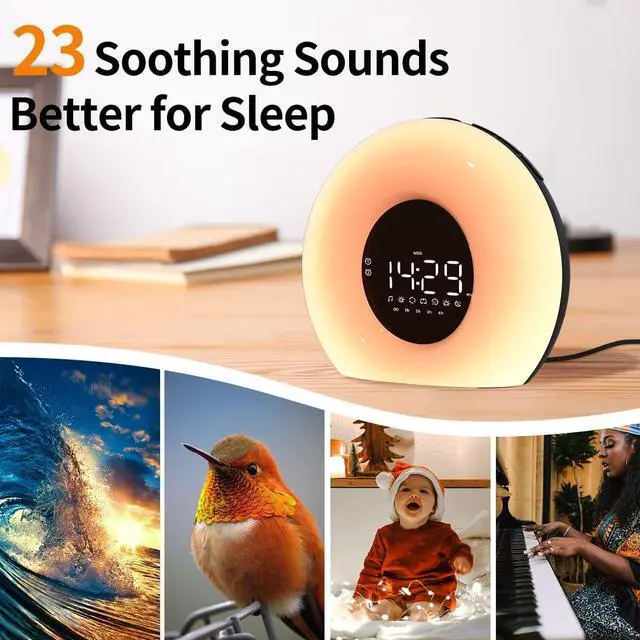 Alt view image 5 of 7 - Wake Up Light Sunrise Alarm Clock with Sunrise Sunset Simulation 23 Nature Sleep Sounds 13 Colors Night Light Dual Alarms Snooze Function Sleep Aid for Heavy Sleepers Kids Adults (Black)