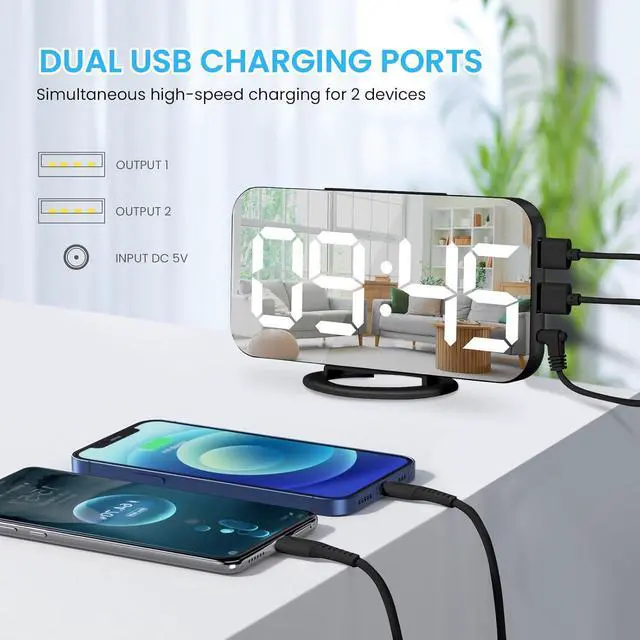 Alt view image 3 of 7 - Digital Alarm Clock,Large Display LED and Mirror Desk Clock with Dual USB Charger Ports, 3 Levels Brightness,12/24H Alarm Clocks, Modern Electronic Clock for Bedroom Living Room Office-Black