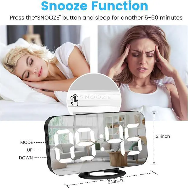 Alt view image 5 of 7 - Digital Alarm Clock,Large Display LED and Mirror Desk Clock with Dual USB Charger Ports, 3 Levels Brightness,12/24H Alarm Clocks, Modern Electronic Clock for Bedroom Living Room Office-Black