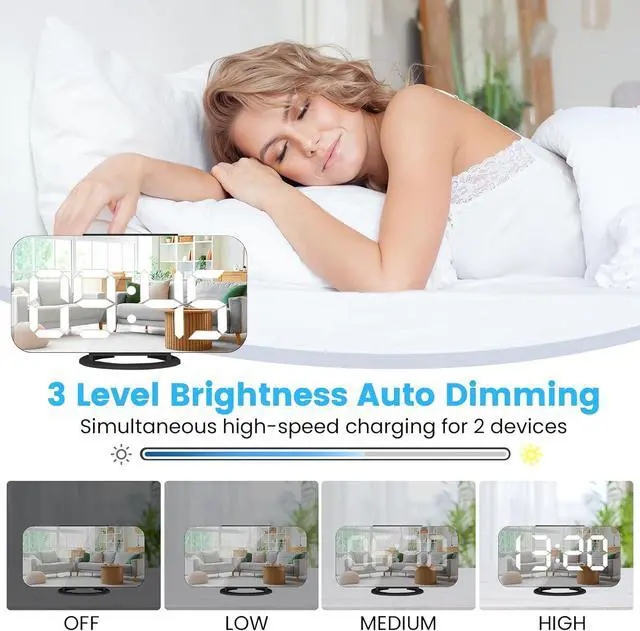 Alt view image 4 of 7 - Digital Alarm Clock,Large Display LED and Mirror Desk Clock with Dual USB Charger Ports, 3 Levels Brightness,12/24H Alarm Clocks, Modern Electronic Clock for Bedroom Living Room Office-Black