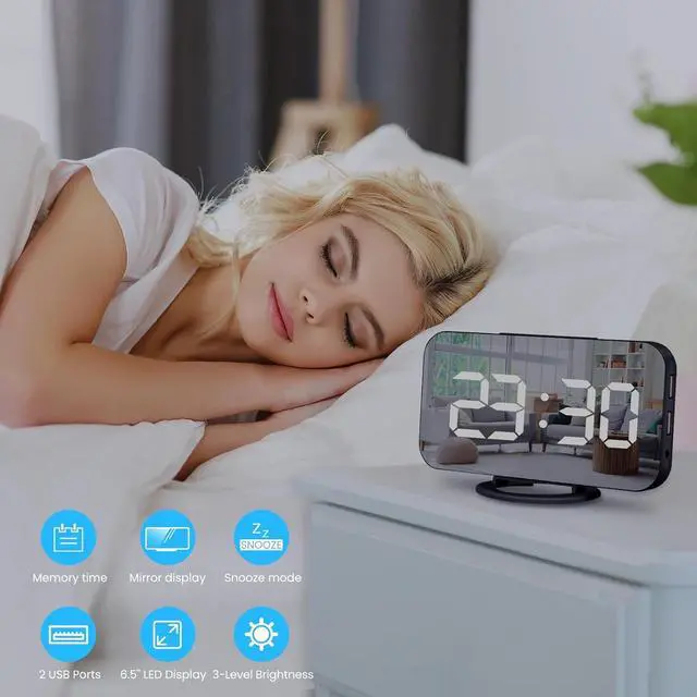 Alt view image 7 of 7 - Digital Alarm Clock,Large Display LED and Mirror Desk Clock with Dual USB Charger Ports, 3 Levels Brightness,12/24H Alarm Clocks, Modern Electronic Clock for Bedroom Living Room Office-Black