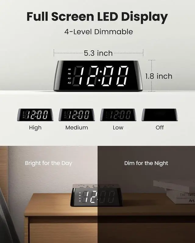 Alt view image 3 of 7 - JACKYLED Alarm Clock with 4 USB Chargers Power Strip 3 Outlets 1700J Surge Protector Nightstand Dimmable Digital Clock with Dual Alarm and Snooze Function for Bedroom, Full Screen LED Display