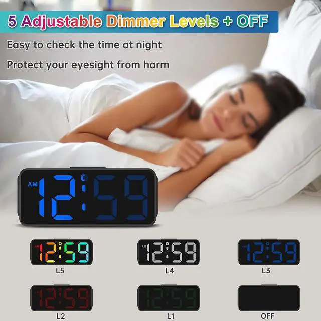 Alt view image 4 of 7 - Peakeep Small Tiny Digital Alarm Clock Plug in for Kids Bedroom Bedside Nightstand, RGB Colorful Changing Large Display for Travel, Dimmable 6 Brightness, Corded Electric Battery Backup (Black - RGB)
