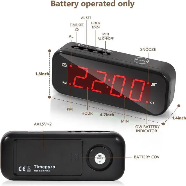 Alt view image 2 of 7 - Small Digital Clock Battery Operated, LED Travel Alarm Clock Battery Powered with Snooze, Cordless, Brightness Adjustable, 12/24Hr, Easy to Use