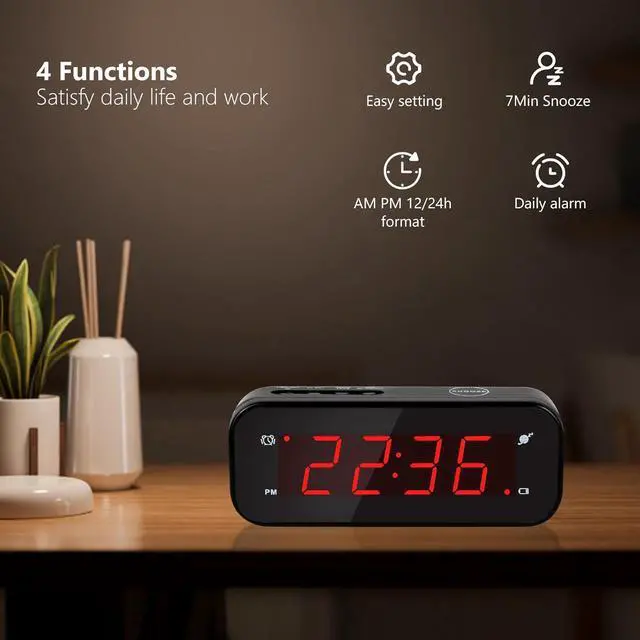 Alt view image 4 of 7 - Small Digital Clock Battery Operated, LED Travel Alarm Clock Battery Powered with Snooze, Cordless, Brightness Adjustable, 12/24Hr, Easy to Use