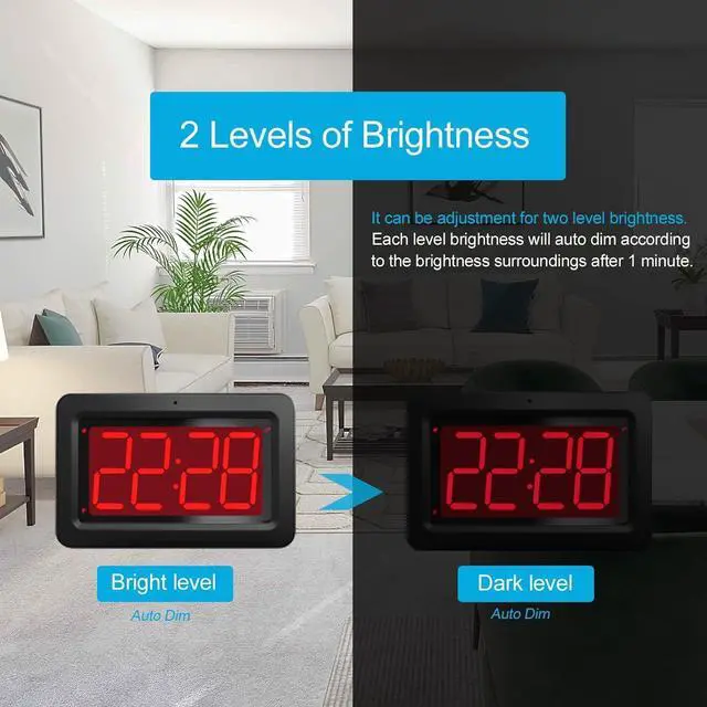 Alt view image 5 of 7 - Digital Wall Clock, 3,2'' Led Large Display Alarm Clock, 2-Level auto dimming, 2 Ways of Power (USB or Battery), 2 D Cell Batteries Last About 12 Monthsfor Bedroom