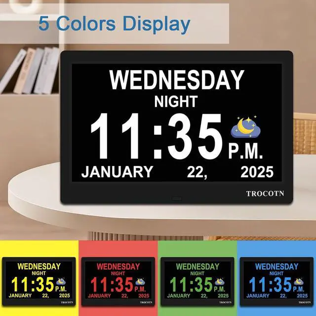 Alt view image 4 of 7 - TROCOTN Dementia Clocks, Large Display Calendar Alarm Clock with Auto DST for Seniors, 5 Display Modes Large Font Digital Clock with Custom Alarms Day Date Clocks. (10 Inch Black)