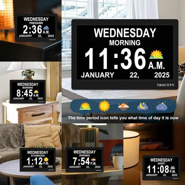 Alt view image 3 of 7 - TROCOTN Dementia Clocks, Large Display Calendar Alarm Clock with Auto DST for Seniors, 5 Display Modes Large Font Digital Clock with Custom Alarms Day Date Clocks. (10 Inch Black)