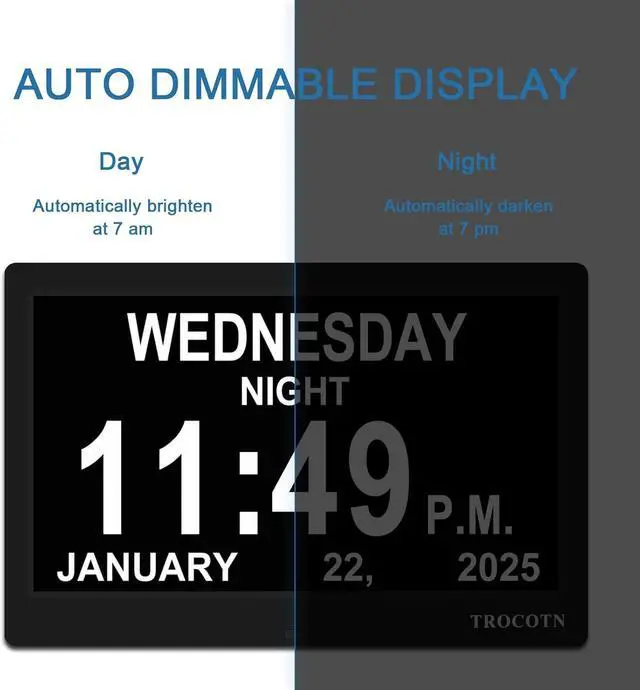 Alt view image 5 of 7 - TROCOTN Dementia Clocks, Large Display Calendar Alarm Clock with Auto DST for Seniors, 5 Display Modes Large Font Digital Clock with Custom Alarms Day Date Clocks. (10 Inch Black)