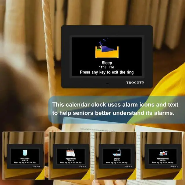 Alt view image 5 of 7 - TROCOTN Dementia Clock Large Digital Clock for Seniors, Calendar Large Display with Custom Alarms,Wall Clock with Day & Date(7 inch Black)