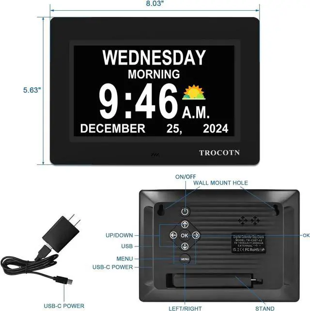 Alt view image 7 of 7 - TROCOTN Dementia Clock Large Digital Clock for Seniors, Calendar Large Display with Custom Alarms,Wall Clock with Day & Date(7 inch Black)
