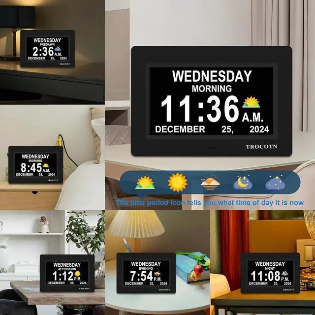 Alt view image 3 of 7 - TROCOTN Dementia Clock Large Digital Clock for Seniors, Calendar Large Display with Custom Alarms,Wall Clock with Day & Date(7 inch Black)