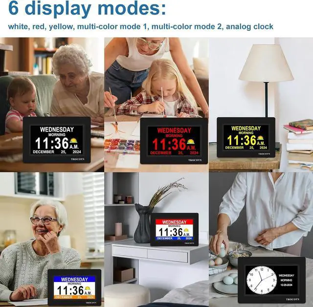 Alt view image 4 of 7 - TROCOTN Dementia Clock Large Digital Clock for Seniors, Calendar Large Display with Custom Alarms,Wall Clock with Day & Date(7 inch Black)