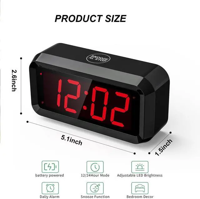 Alt view image 2 of 7 - Alarm Clock,Digital Alarm Clock for Bedrooms,Battery Operated Clock,Adjustable 3 Brightness,1.2 inch LED Time Display, 12/24Hr, Cordless,Snooze (Black)
