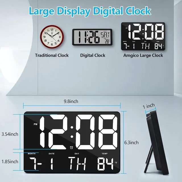 Alt view image 4 of 7 - Amgico Digital Alarm Clock with Snooze, Temperature, Auto Dimming, 11.5" Large Display Calendar, Desk/Wall Clock for Bedroom, Living Room, Office, Home, Classroom, Kids, Elderly - White