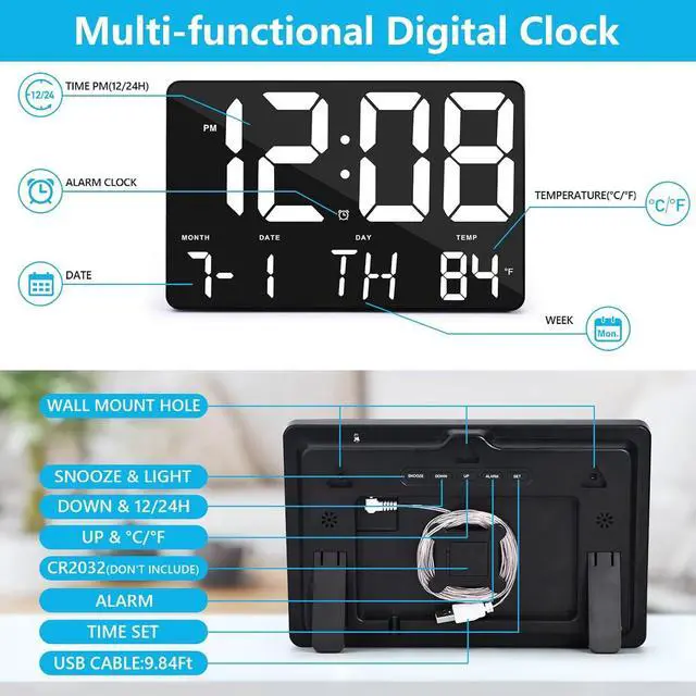 Alt view image 6 of 7 - Amgico Digital Alarm Clock with Snooze, Temperature, Auto Dimming, 11.5" Large Display Calendar, Desk/Wall Clock for Bedroom, Living Room, Office, Home, Classroom, Kids, Elderly - White